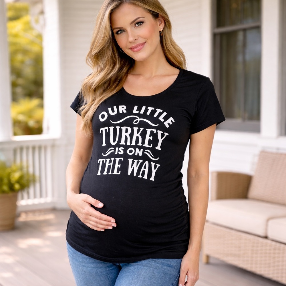 Thanksgiving Our Little Turkey Is On‎ The Way Maternity T-Shirt Black Womens S